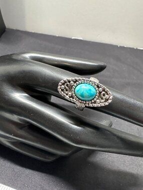 Vintage Sarah Coventry Maiden Silver Ring With Turquoise Oval Stone & Ornate Ban